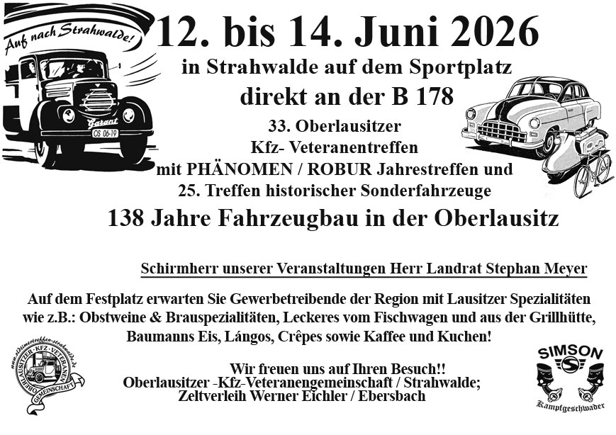 12. Juni bis 14. Juni 2026 - Oldtimertreffen in Strahwalde